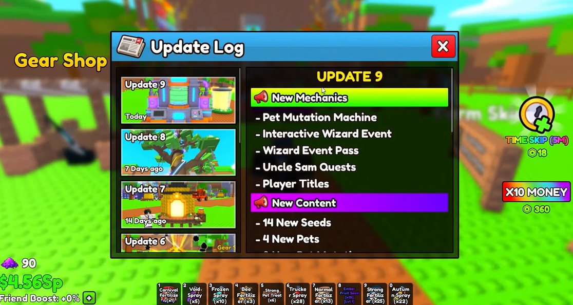 Build A Ring Farm Update 9 in-game Update Log showing New Mechanics and New Content