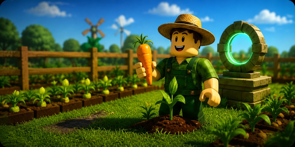 Roblox-style farmer in a sunny crop field beside a glowing green ring
