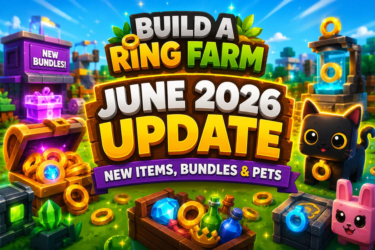 Build a Ring Farm June Update promotional artwork showing new gamepasses, seed packs, and bundles
