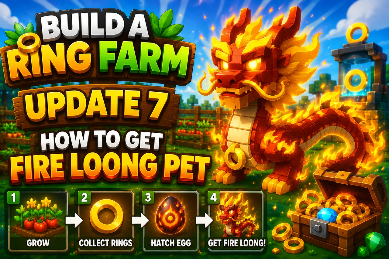 Build a Ring Farm Update 7 Fire Loong pet promotional artwork showing the Divine-tier dragon