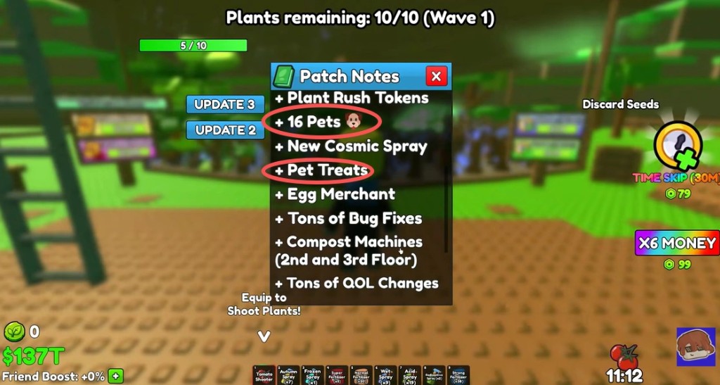 Build A Ring Farm Update 3 patch notes showing pets, pet treats, and Plant Rush