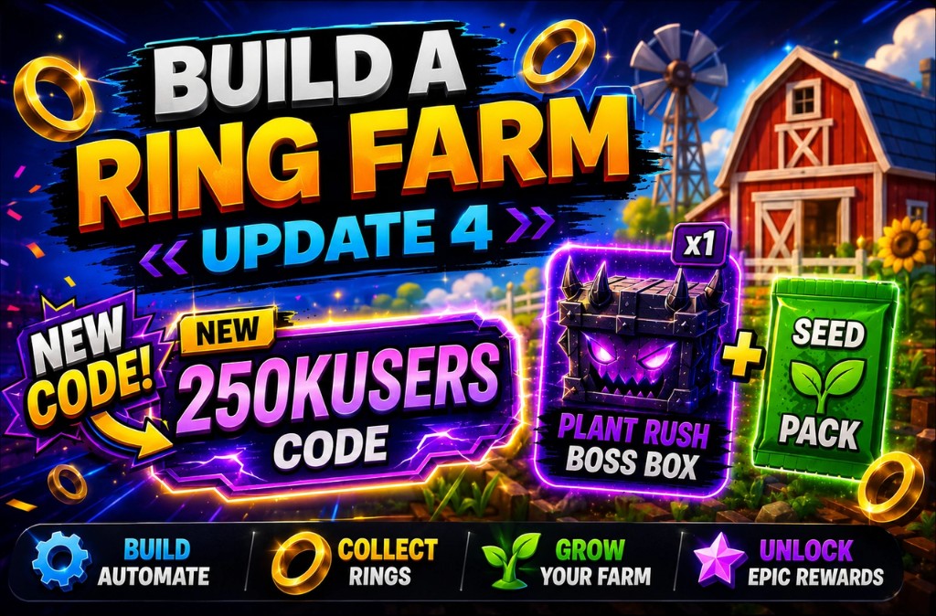 Build A Ring Farm Update 4 promotional artwork featuring the 250KUSERS code