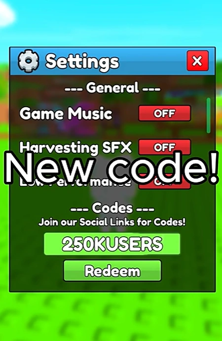 Build A Ring Farm settings menu showing the 250KUSERS code in the redeem box